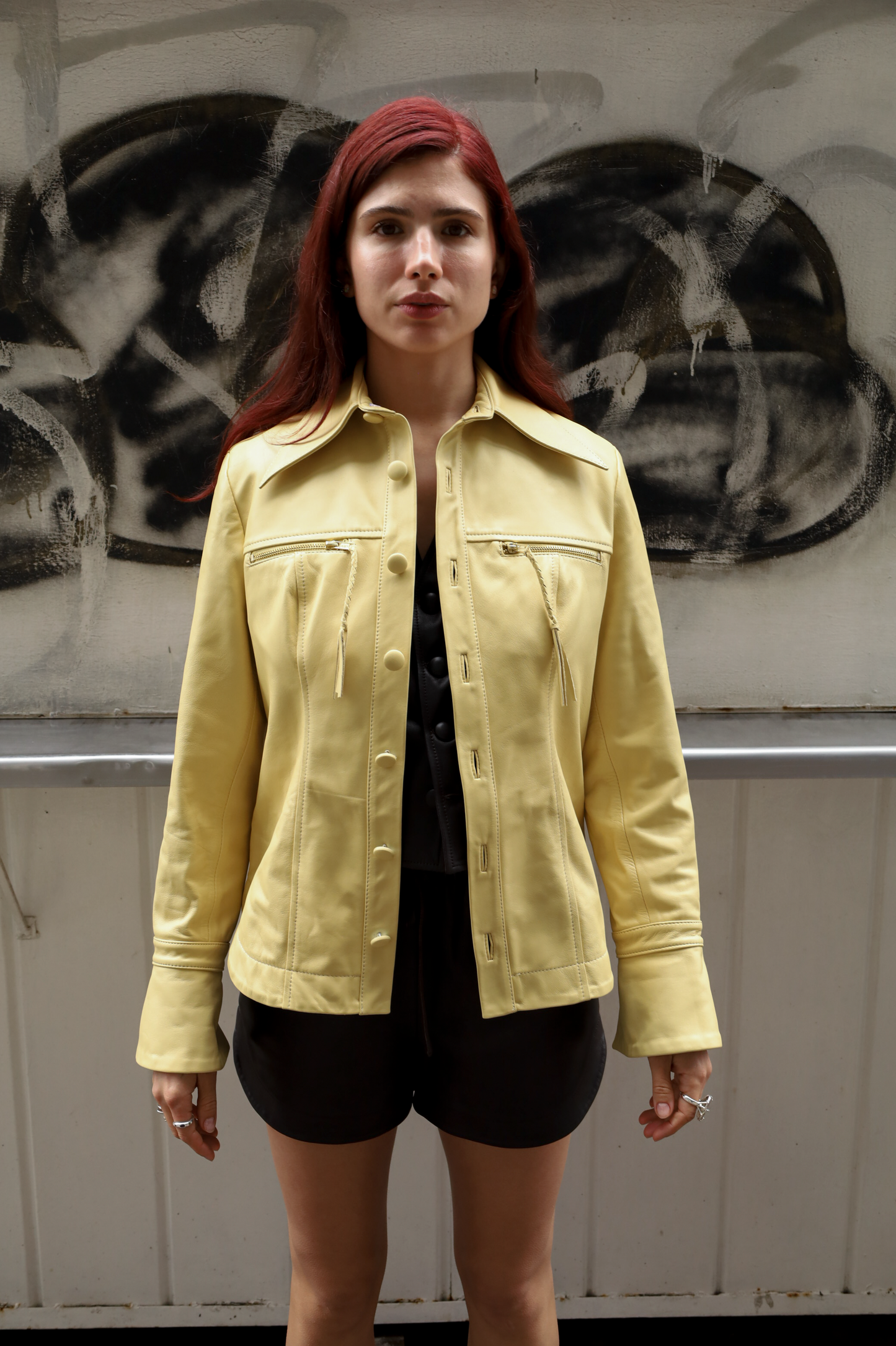Monica button-down leather shirt in butter yellow