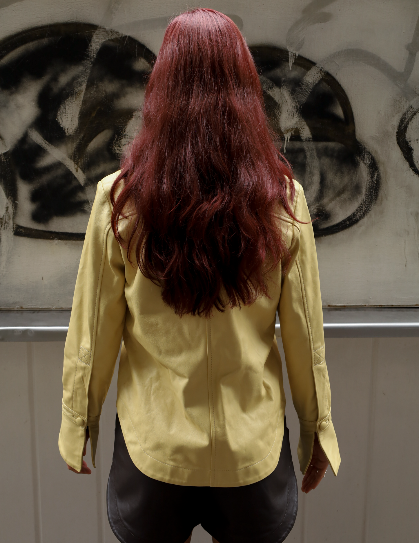 Monica button-down leather shirt in butter yellow