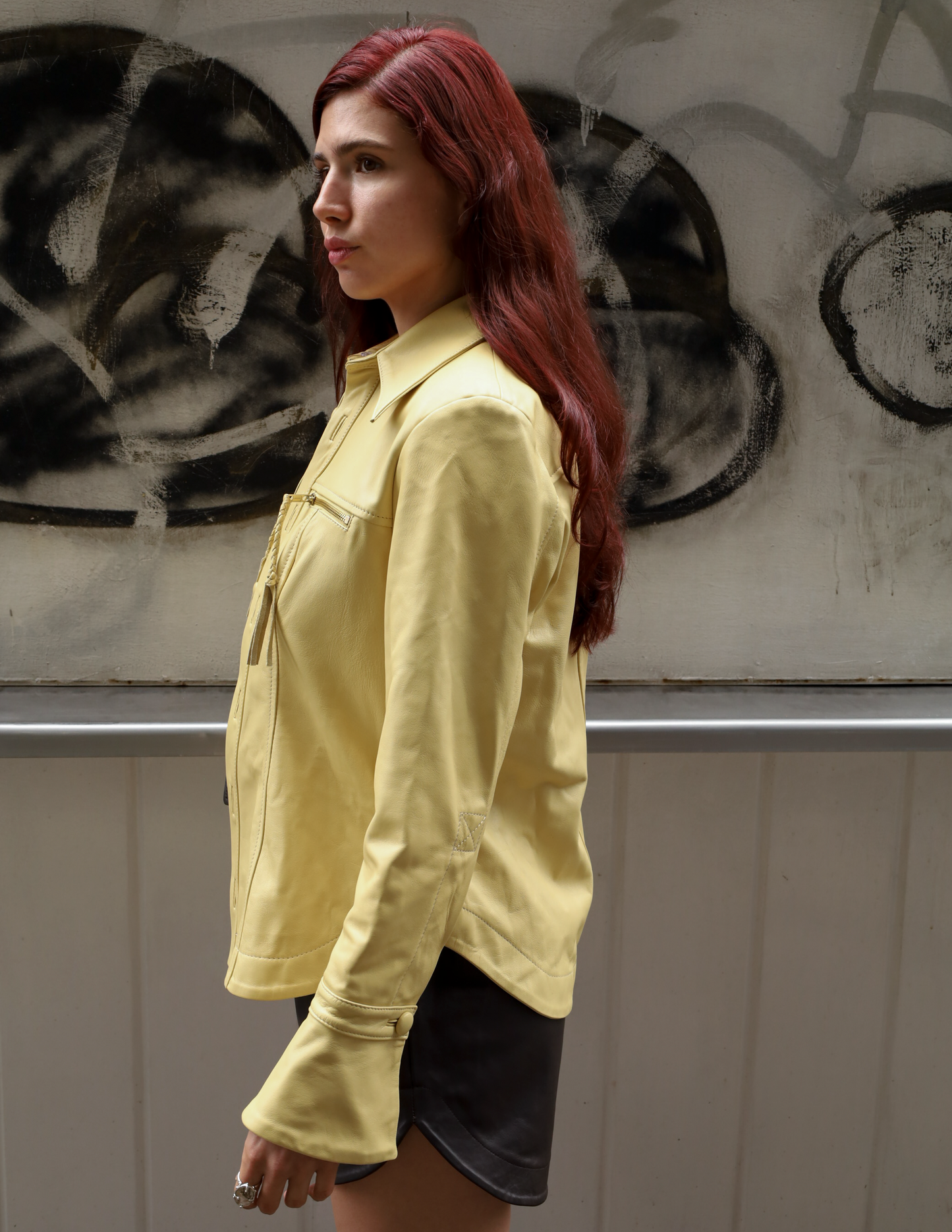 Monica button-down leather shirt in butter yellow