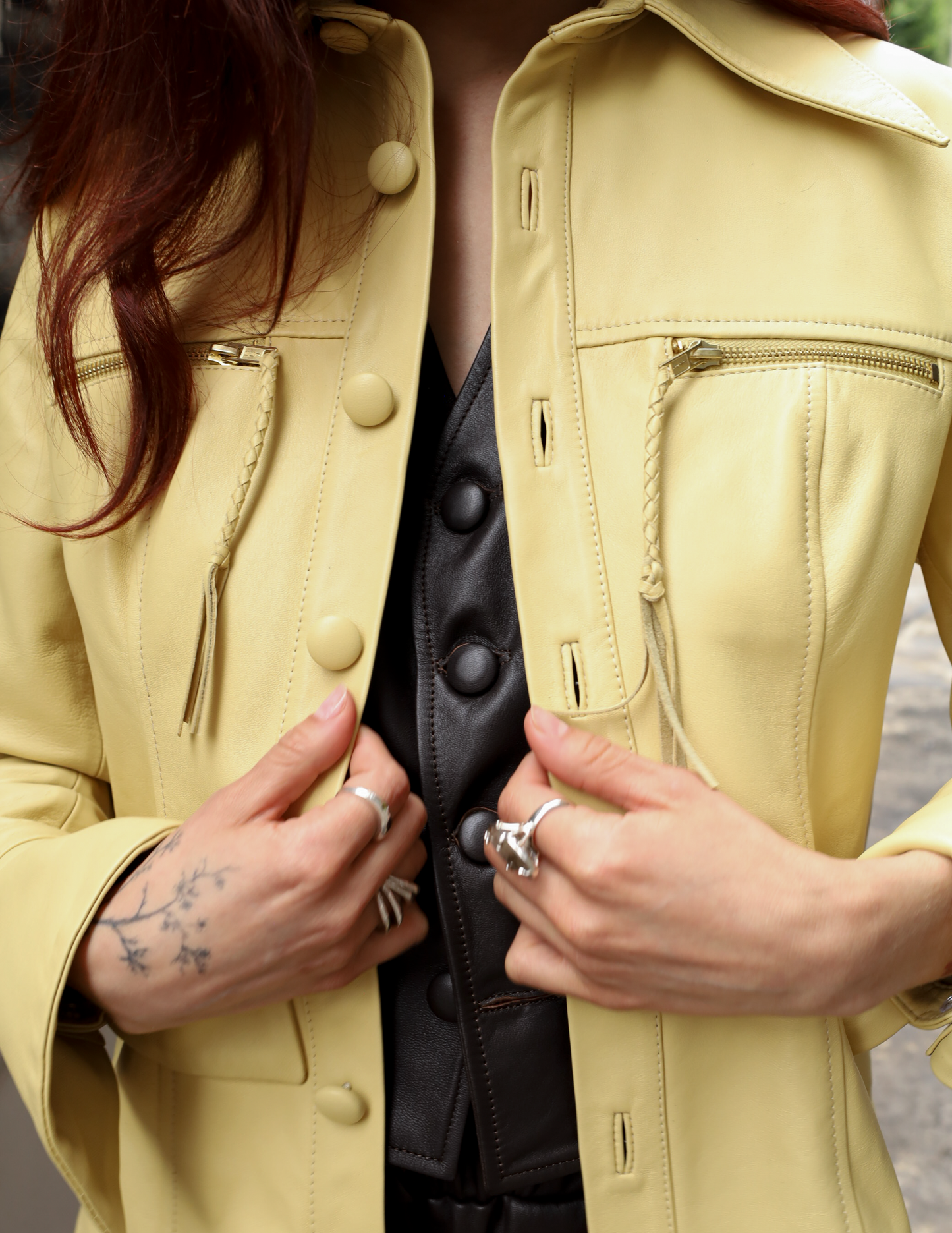 Monica button-down leather shirt in butter yellow
