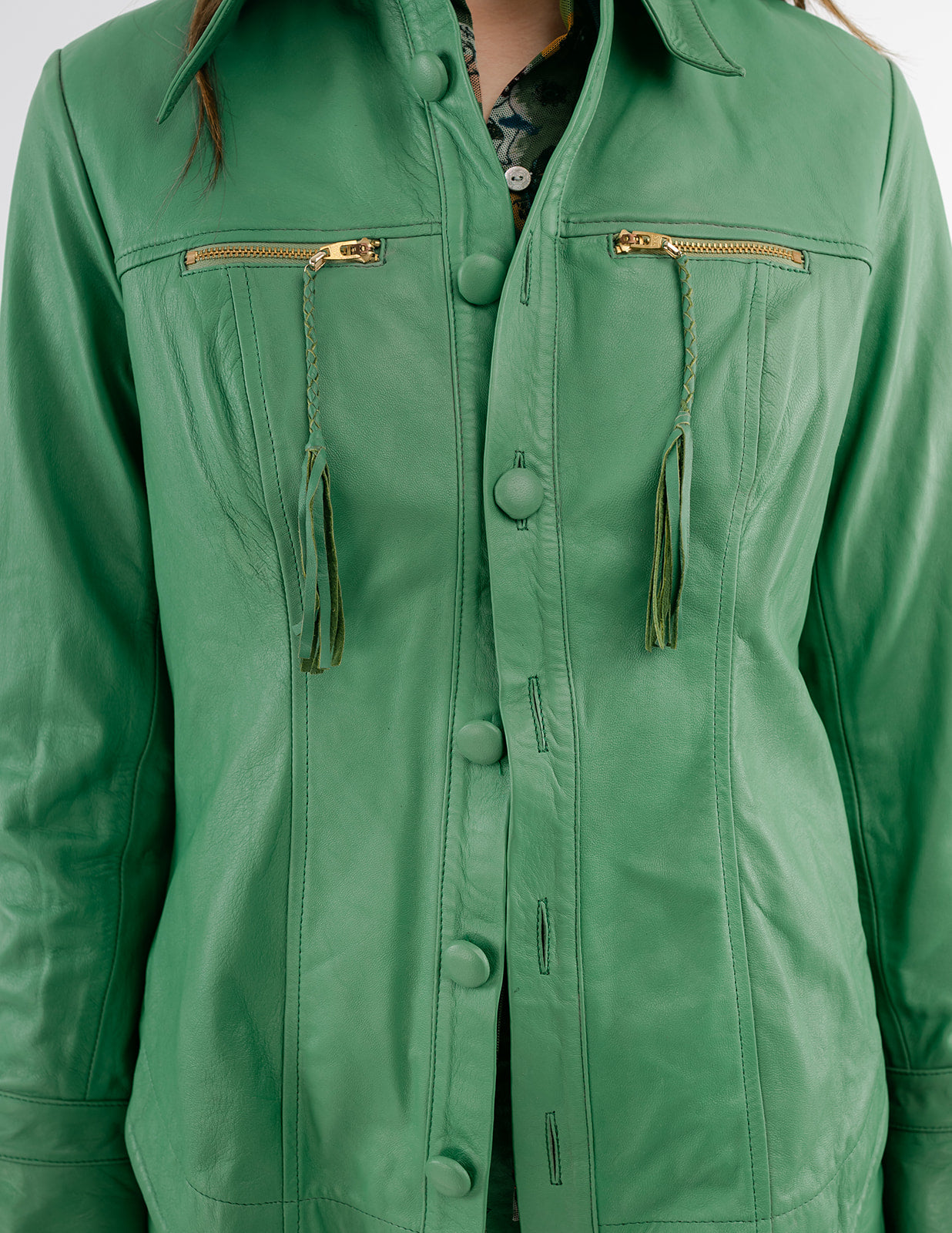 Monica Button-Down Leather Shirt in Emerald green
