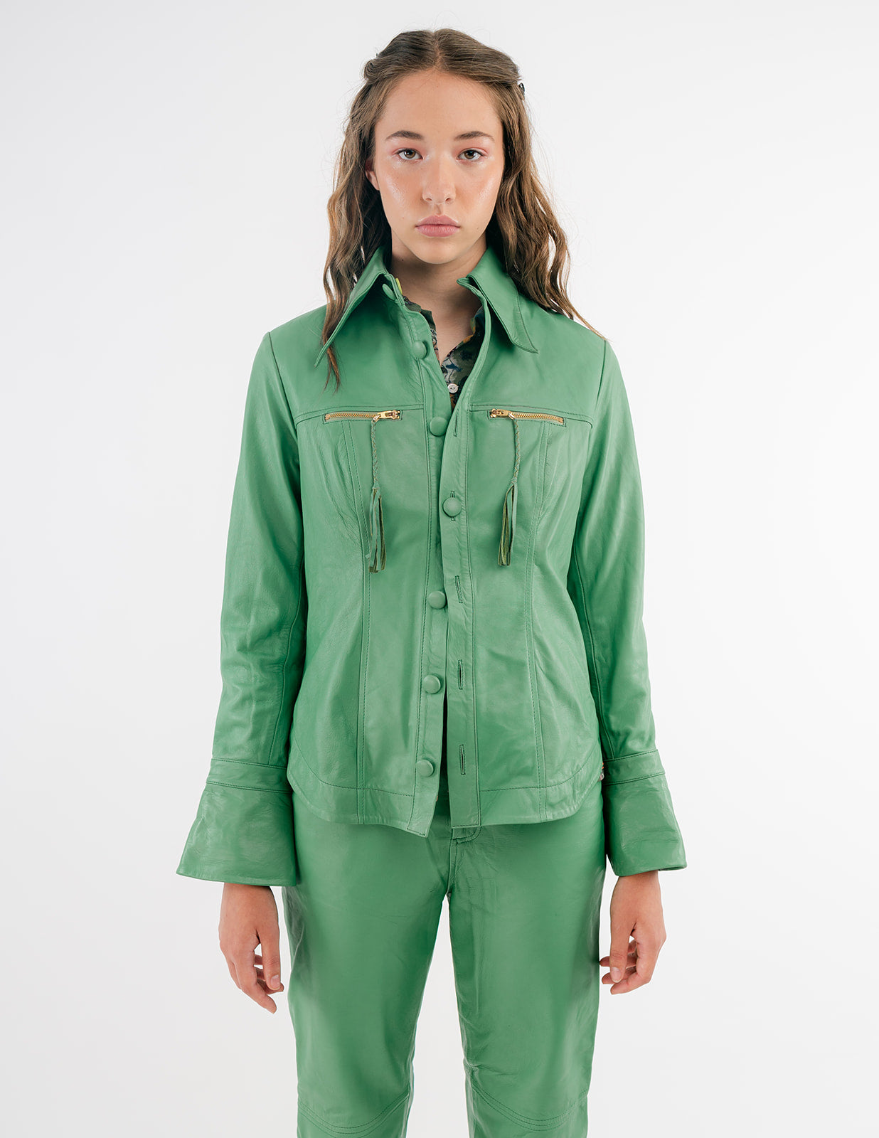 Monica Button-Down Leather Shirt in Emerald green