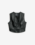 ROMPER Maya vest in black leather — front view, handmade in Mexico