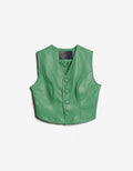 ROMPER Maya vest in emerald green leather — front view, handmade in Mexico