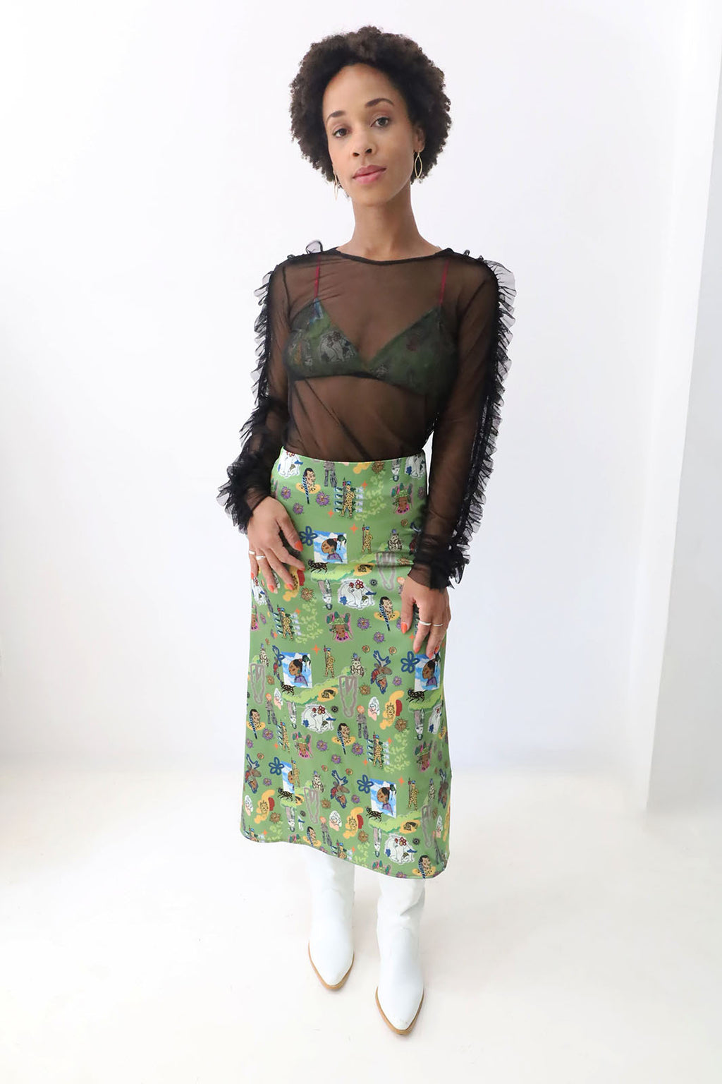 ROMPER Nina midi skirt in black leather — worn on model, full length