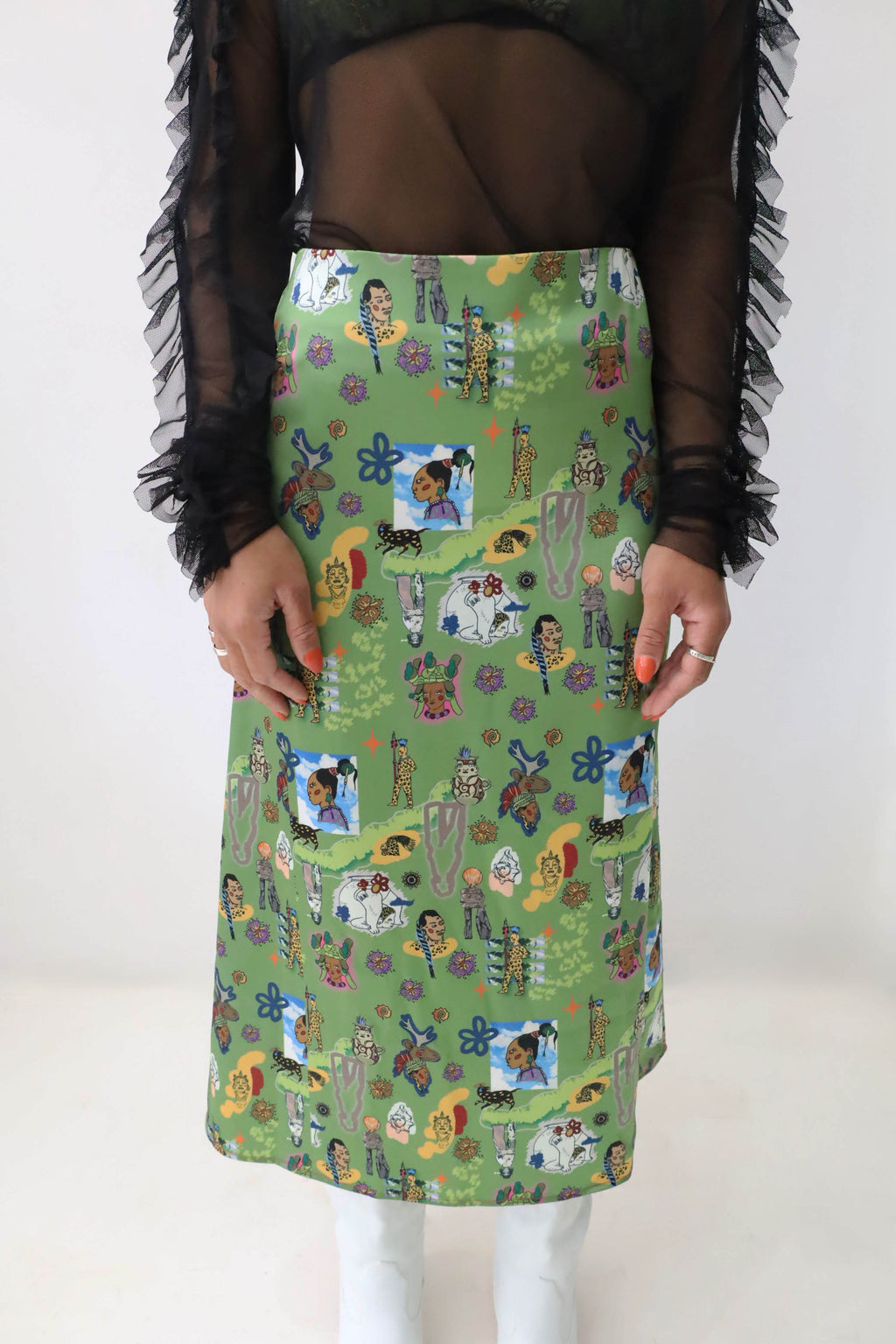 ROMPER Nina midi skirt in black leather — side view on model