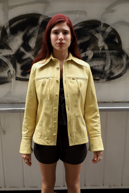 Monica button-down leather shirt in butter yellow