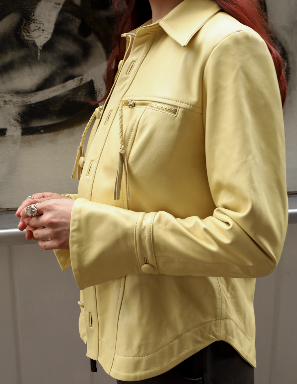 Side view showing drape of mestizo leather shirt jacket