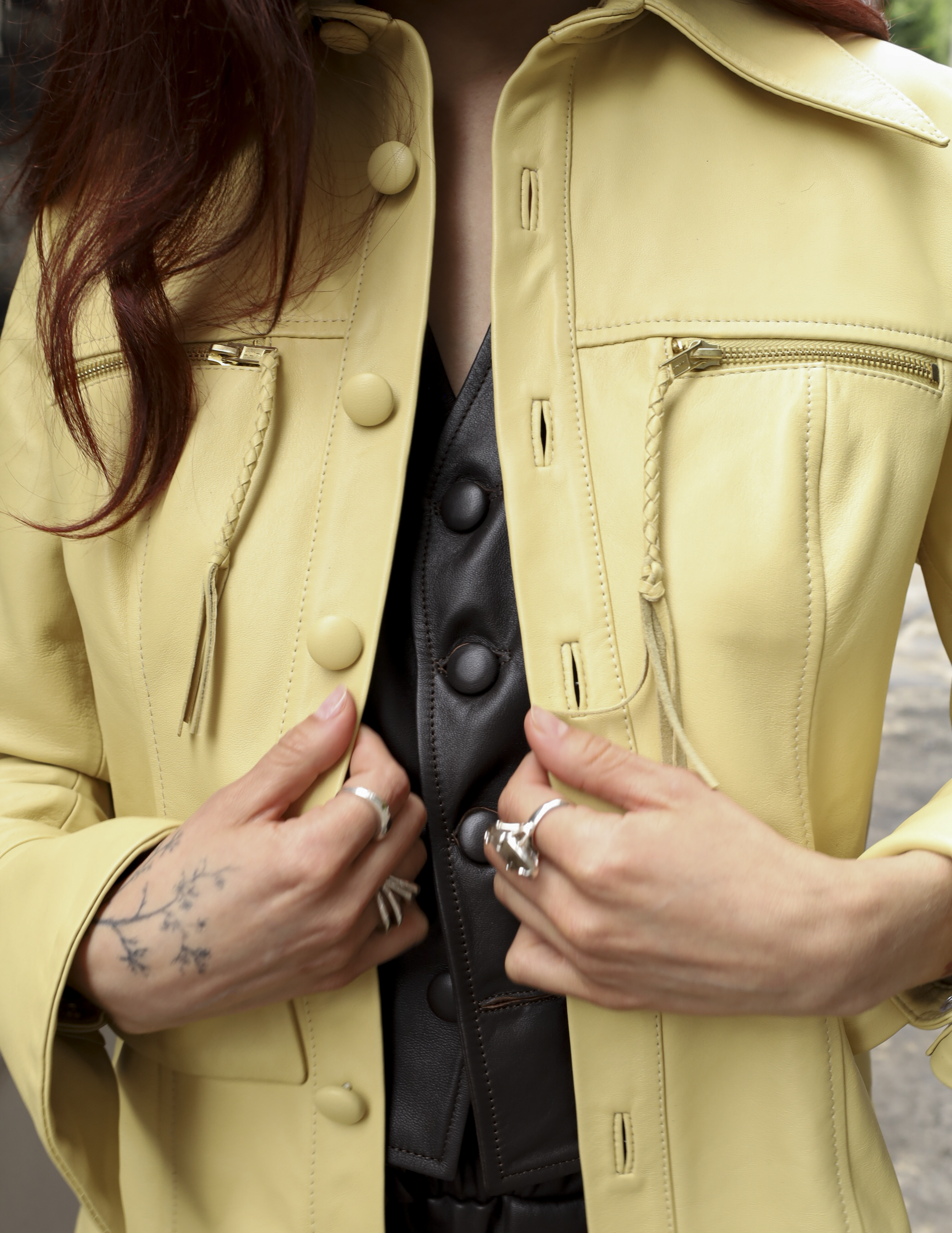 Close-up of leather-wrapped buttons on Monica Shirt Jacket