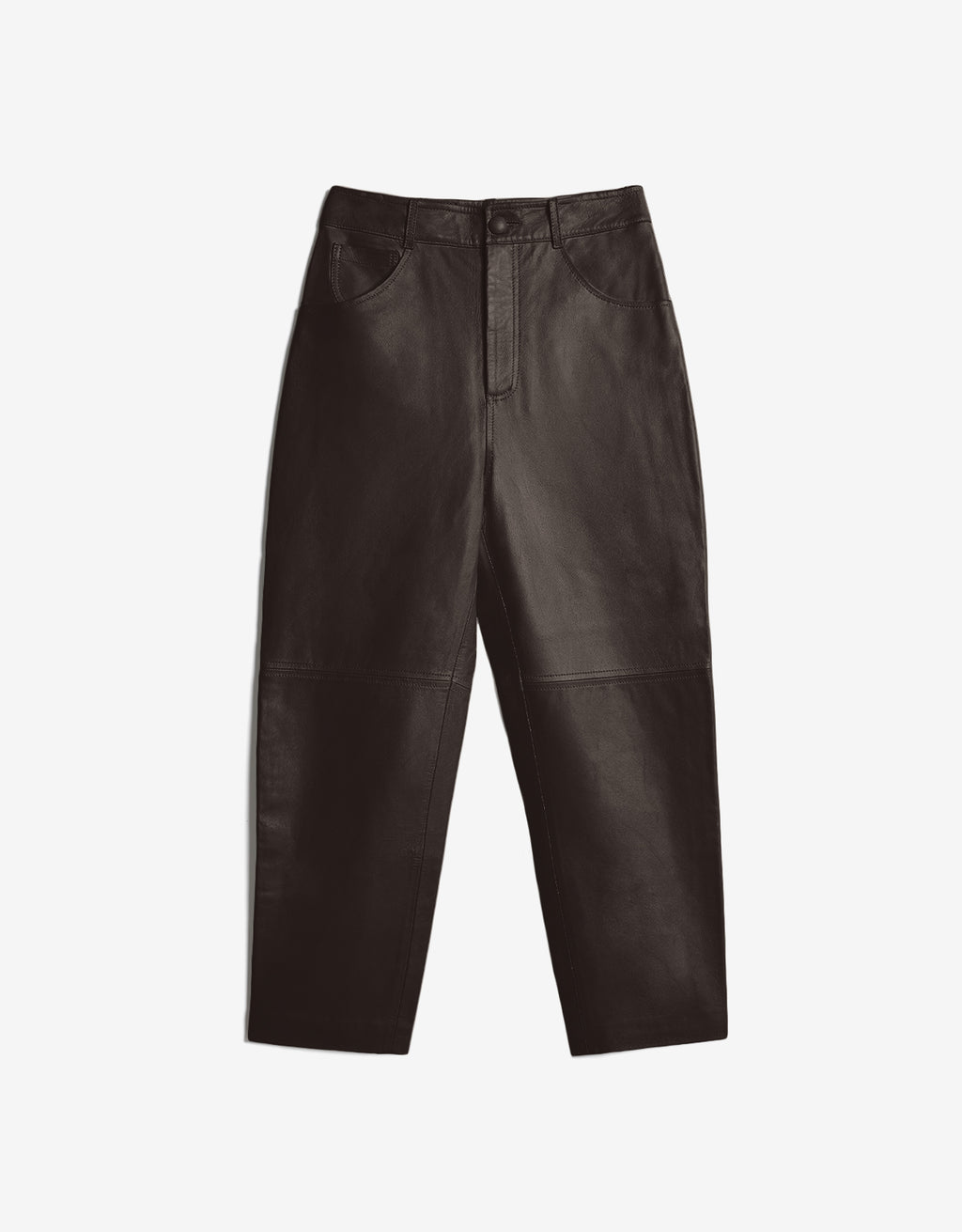 ROMPER Paine pants in dark brown leather — front view, handmade in Mexico