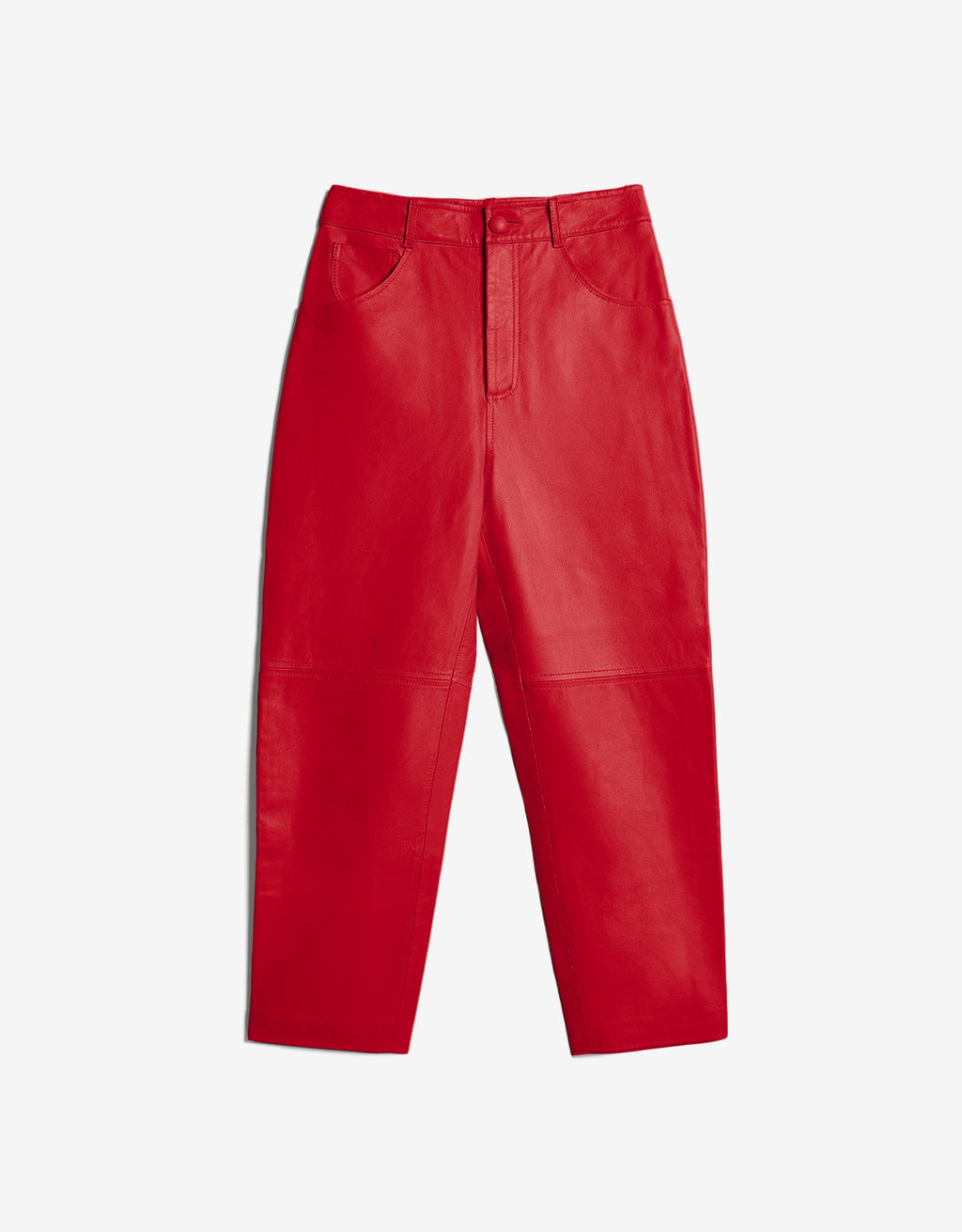 ROMPER Paine pants in red leather — front view, handmade in Mexico