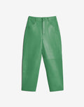 ROMPER Paine pants in emerald green leather — front view, handmade in Mexico
