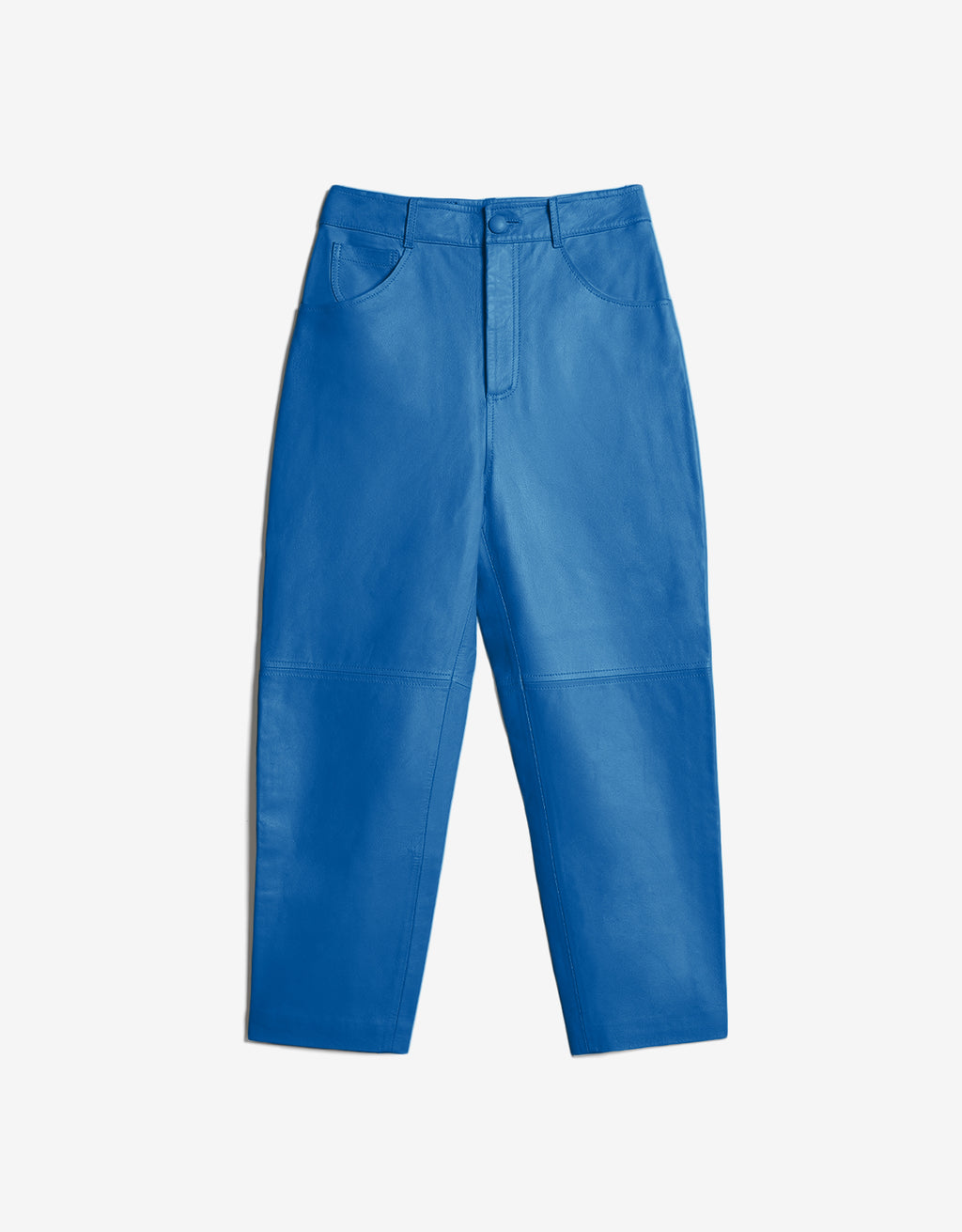 ROMPER Paine pants in electric blue leather — front view, handmade in Mexico