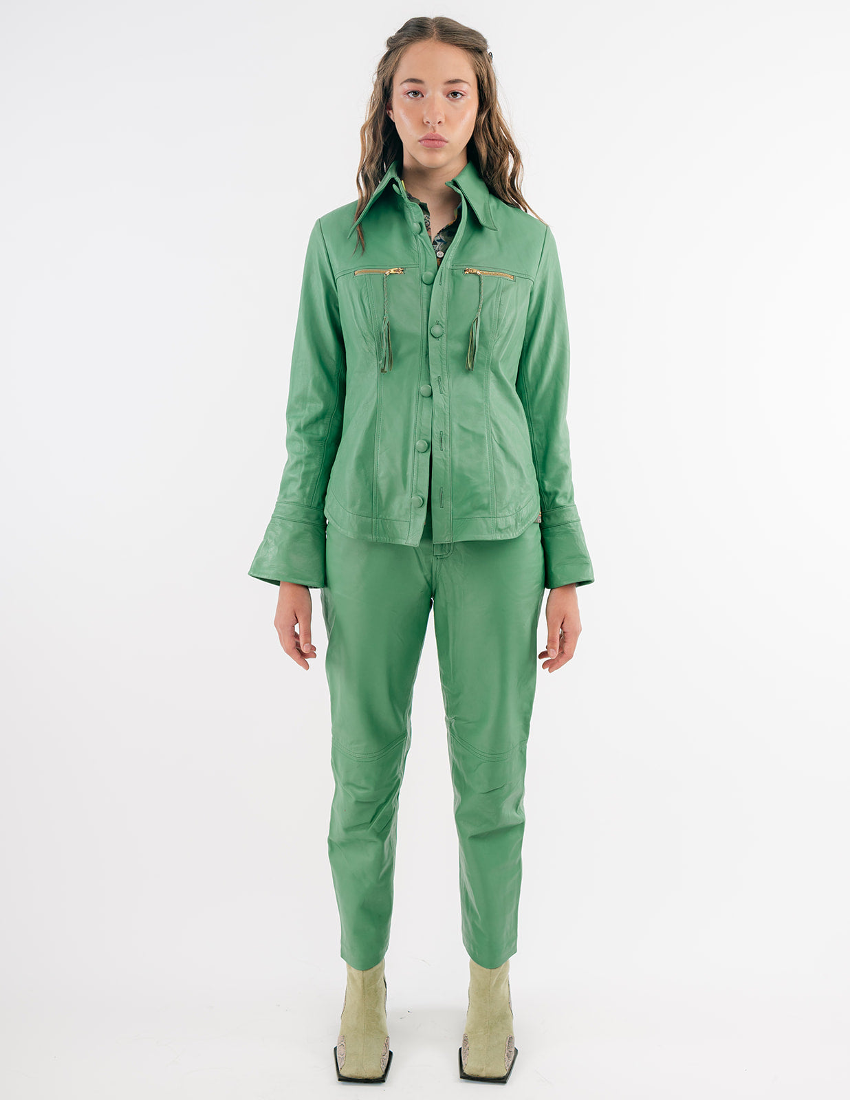 Monica button-down leather shirt in emerald green