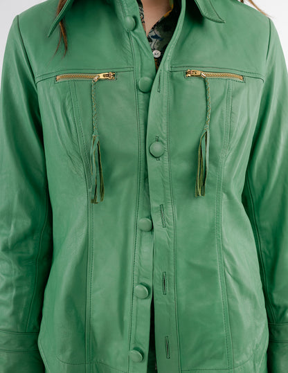 Monica Button-Down Leather Shirt in Emerald green