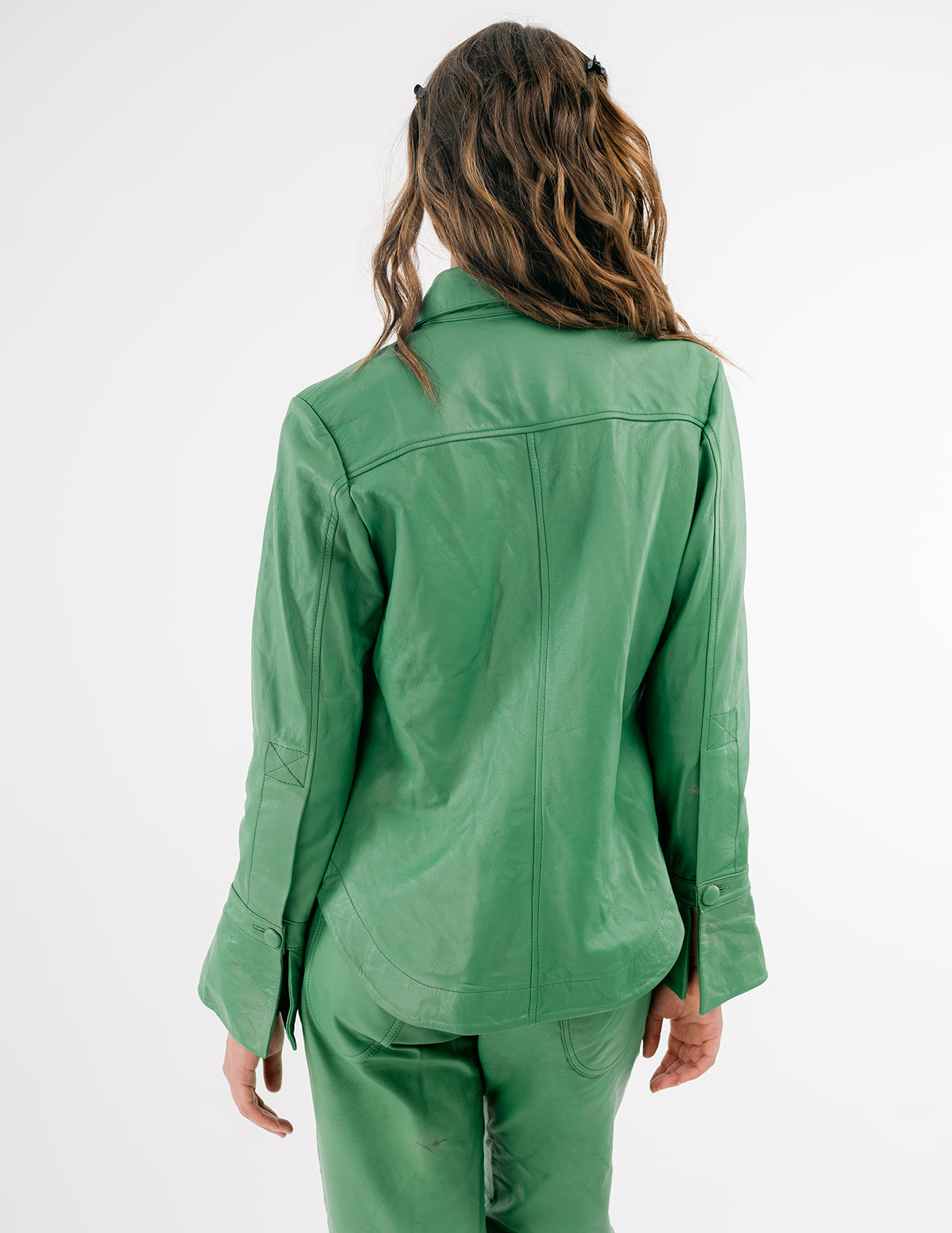 Monica Button-Down Leather Shirt in Emerald green