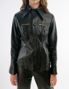 Monica button-down leather shirt in dark brown