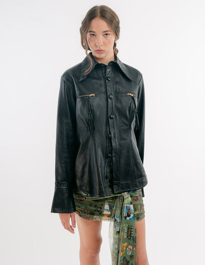 Monica button-down leather shirt in black