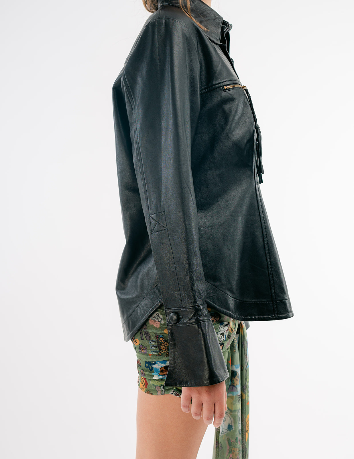 Side view showing drape of mestizo leather shirt jacket