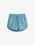 ROMPER Randy track shorts in baby blue leather — front view, handmade in Mexico