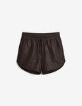 ROMPER Randy track shorts in dark brown leather — front view, handmade in Mexico