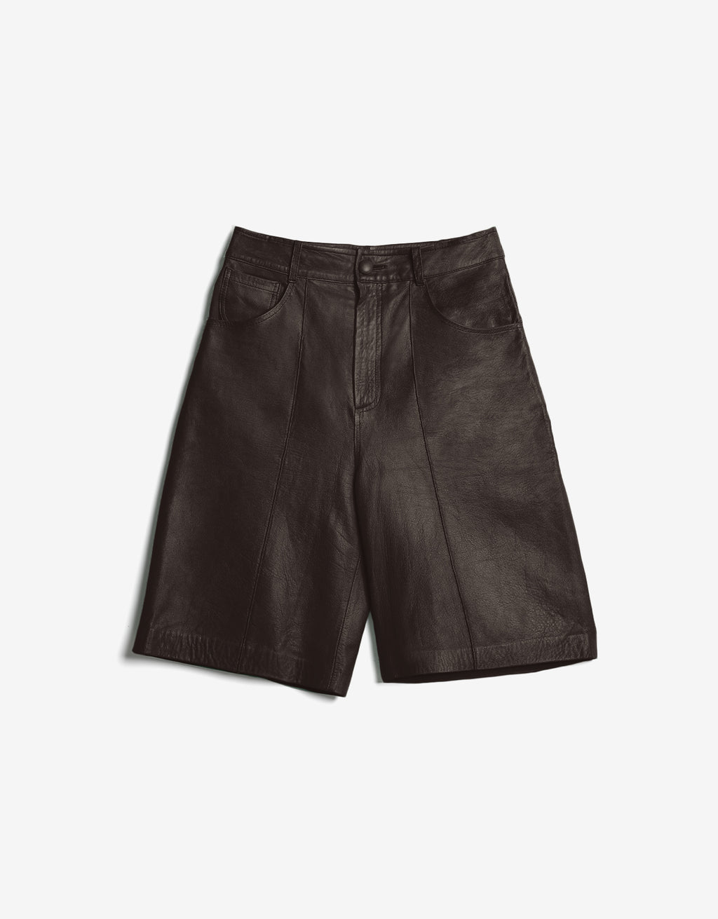 ROMPER Jean jorts in dark brown leather — front view, handmade in Mexico