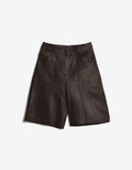 ROMPER Jean jorts in dark brown leather — front view, handmade in Mexico
