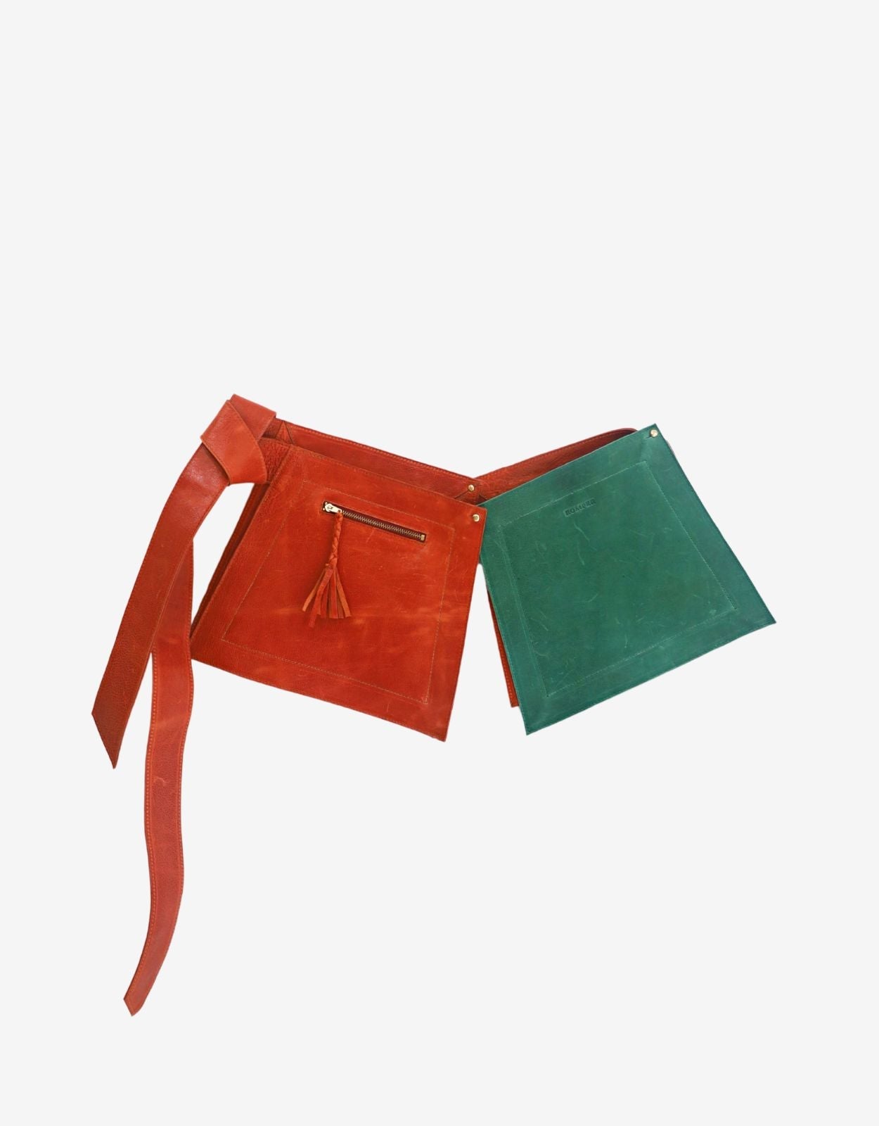 Zadie modular leather belt in burnt orange and teal green, front view — deadstock sheepskin panels