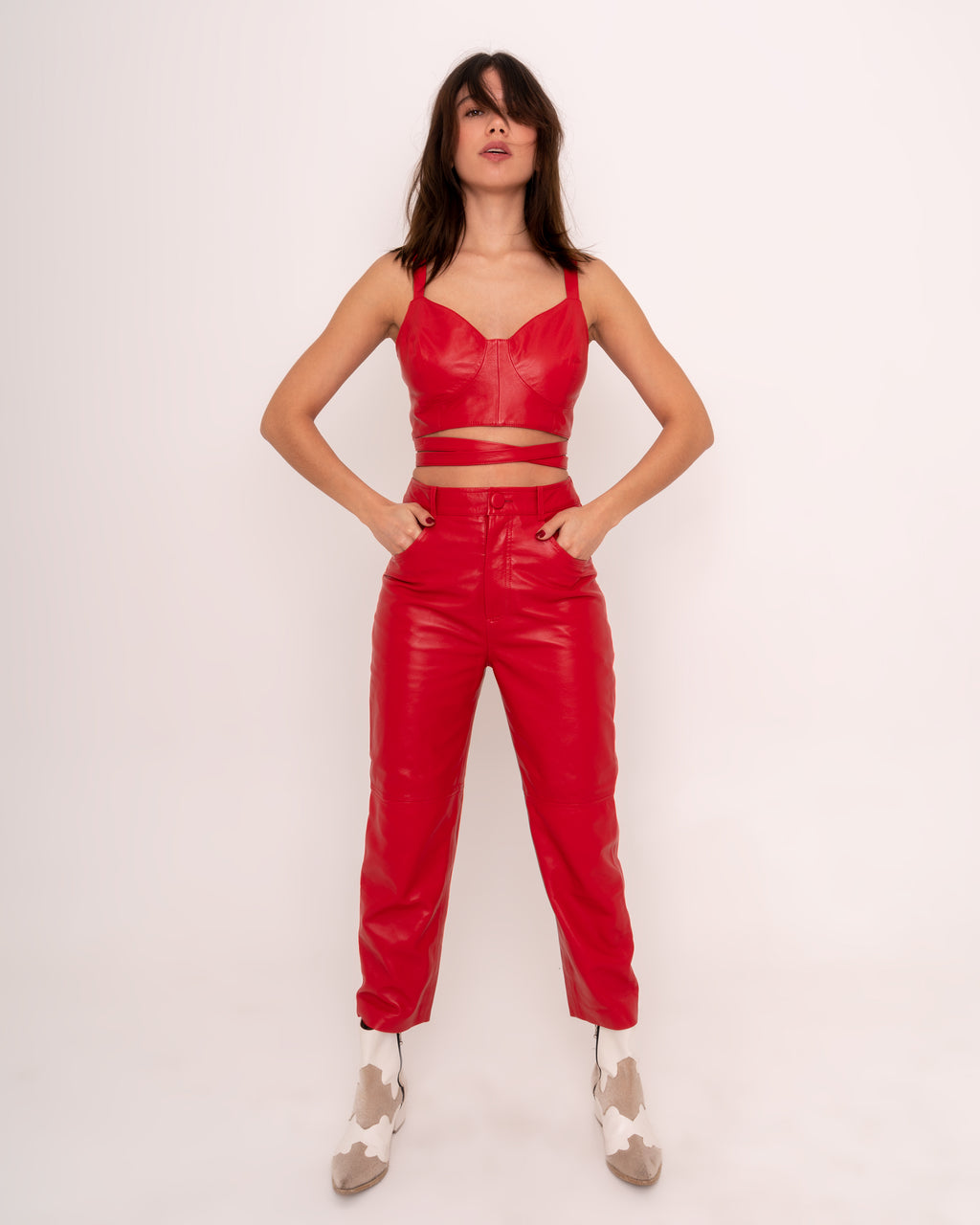 ROMPER Paine pants in red leather — styled on model
