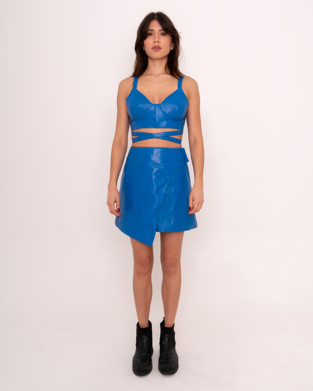 ROMPER Sandra skirt in electric blue leather — styled on model